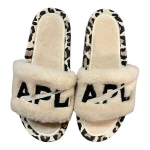 APL WOMEN'S SHEARLING SLIDES PARCHMENT/BLACK/LEOPARD, Size 8 NIB